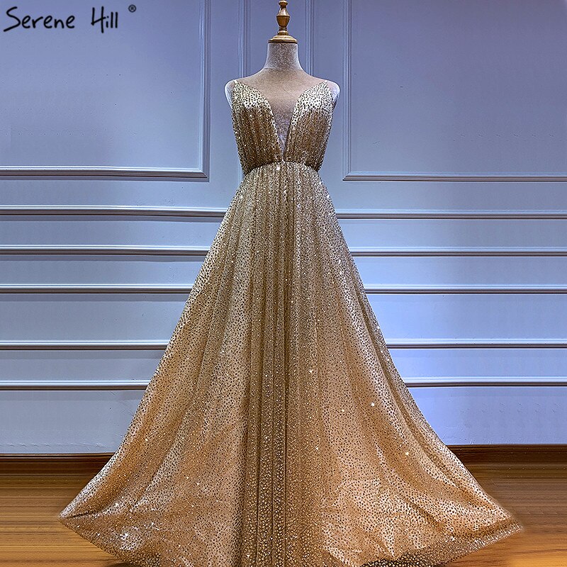 Dubai V-Ausschnitt Rückenfrei Glitzer Sexy Ballkleider Champagner Vintage Strand Abendkleider 2025 LA60752 
