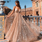 Dubai V-Neck Backless Glitter Sexy  Prom Dresses Champagne Vintage Beach Evening Gowns 2025 LA60752