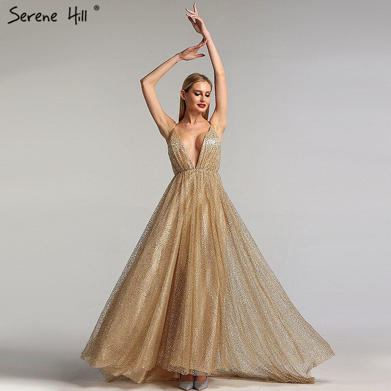 Vestidos de fiesta sexys con escote en V, espalda descubierta y purpurina, estilo vintage champán, para playa, 2025, LA60752 