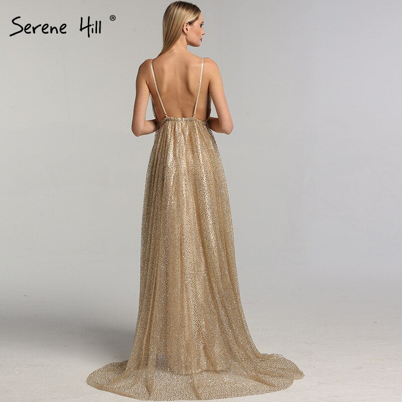 Vestidos de fiesta sexys con escote en V, espalda descubierta y purpurina, estilo vintage champán, para playa, 2025, LA60752 