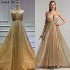 Dubai V-Neck Backless Glitter Sexy  Prom Dresses Champagne Vintage Beach Evening Gowns 2025 LA60752