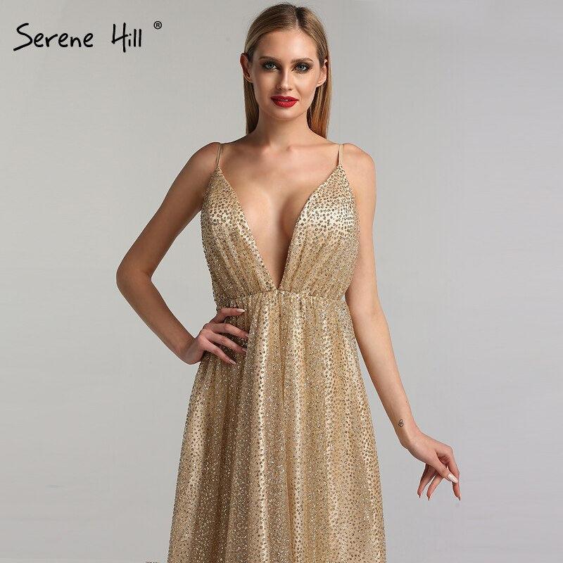 Vestidos de fiesta sexys con escote en V, espalda descubierta y purpurina, estilo vintage champán, para playa, 2025, LA60752 