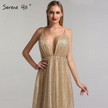 Dubai V-Ausschnitt Rückenfrei Glitzer Sexy Ballkleider Champagner Vintage Strand Abendkleider 2025 LA60752 