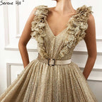 On Sale No Return No Refund Dubai V-Neck Sleeveless Luxury Evening Gown Designs 2025 Sequined Sashes Sexy Tulle Evening Dresses LA60796