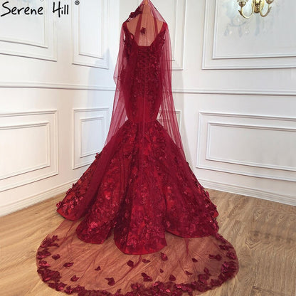 Dubai Wein Rot Sexy Brautkleider 2025 Meerjungfrau Handgemachte Blumen Perlen Braut Kleider HM67110 Nach Maß 