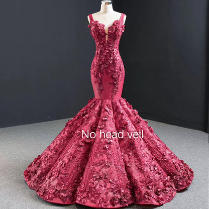Dubai Wein Rot Sexy Brautkleider 2025 Meerjungfrau Handgemachte Blumen Perlen Braut Kleider HM67110 Nach Maß 