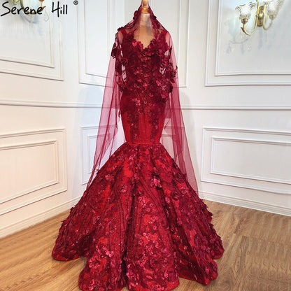 Dubai Wein Rot Sexy Brautkleider 2025 Meerjungfrau Handgemachte Blumen Perlen Braut Kleider HM67110 Nach Maß 