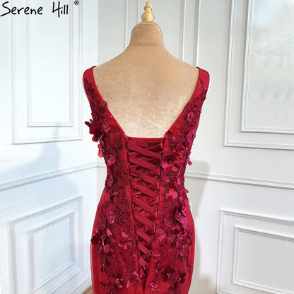 Dubai Wein Rot Sexy Brautkleider 2025 Meerjungfrau Handgemachte Blumen Perlen Braut Kleider HM67110 Nach Maß 
