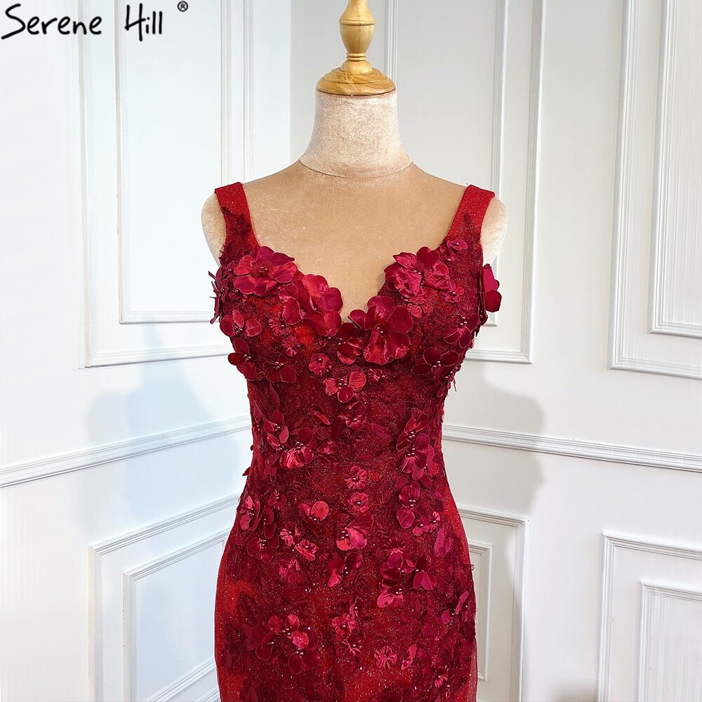 Dubai Wein Rot Sexy Brautkleider 2025 Meerjungfrau Handgemachte Blumen Perlen Braut Kleider HM67110 Nach Maß 