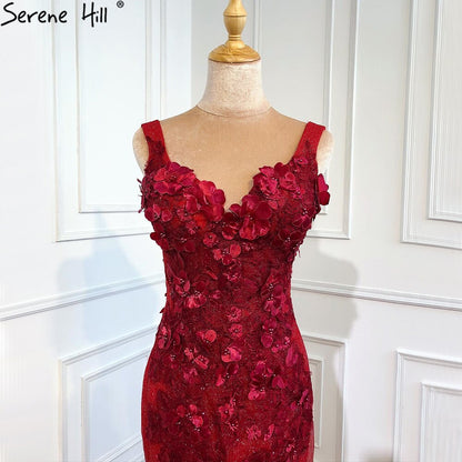 Dubai Wein Rot Sexy Brautkleider 2025 Meerjungfrau Handgemachte Blumen Perlen Braut Kleider HM67110 Nach Maß 