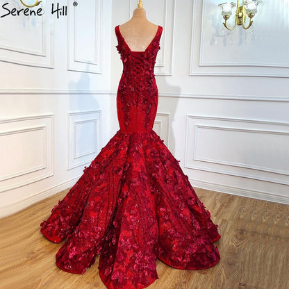 Dubai Wein Rot Sexy Brautkleider 2025 Meerjungfrau Handgemachte Blumen Perlen Braut Kleider HM67110 Nach Maß 