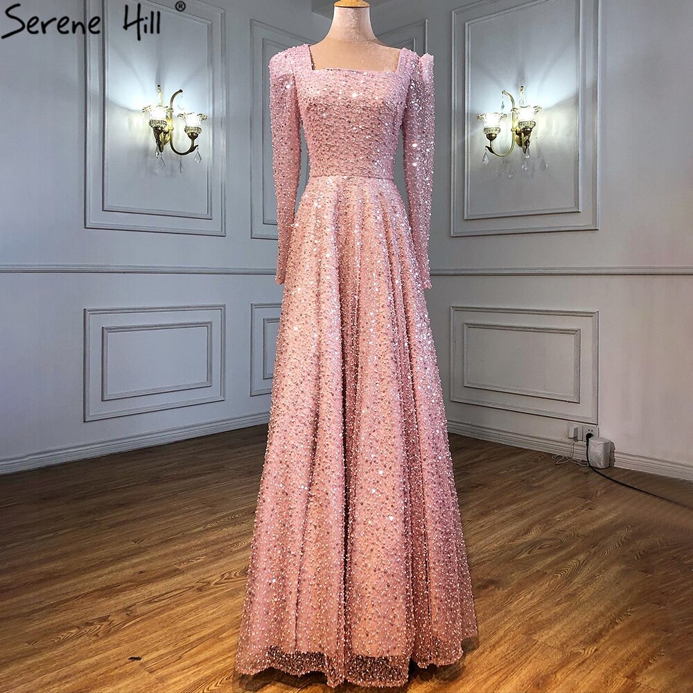 Dubai Weiß A-Linie Sexy Luxus Abendkleider 2025 Perlen Langarm Sexy Abendkleid LA70271 