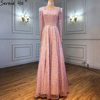 Dubai Weiß A-Linie Sexy Luxus Abendkleider 2025 Perlen Langarm Sexy Abendkleid LA70271 