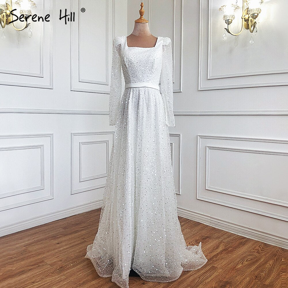 Dubai Weiß A-Linie Sexy Luxus Abendkleider 2025 Perlen Langarm Sexy Abendkleid LA70271 