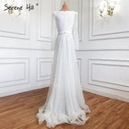 Vestido de noche blanco de Dubái, corte en A, sexy, de lujo, 2025, con cuentas, manga larga, vestido formal sexy LA70271 