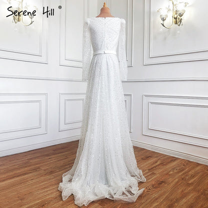 Dubai Weiß A-Linie Sexy Luxus Abendkleider 2025 Perlen Langarm Sexy Abendkleid LA70271 
