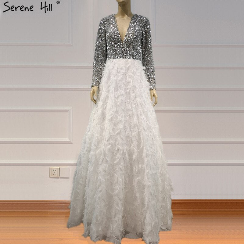 Vestidos de noche de lujo blancos de Dubái con mangas largas 2025, escote en V, sexys, con lentejuelas y capas, LA6574 