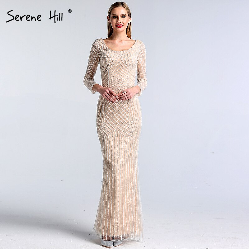 En oferta, sin devolución ni reembolso. Venta Dubai, vestidos de noche blancos nude de lujo de manga larga, último diseño 2025, vestido formal de sirena con pedrería LA60958. 