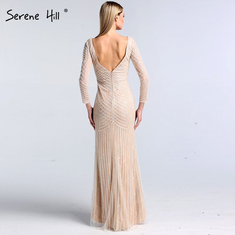 En oferta, sin devolución ni reembolso. Venta Dubai, vestidos de noche blancos nude de lujo de manga larga, último diseño 2025, vestido formal de sirena con pedrería LA60958. 