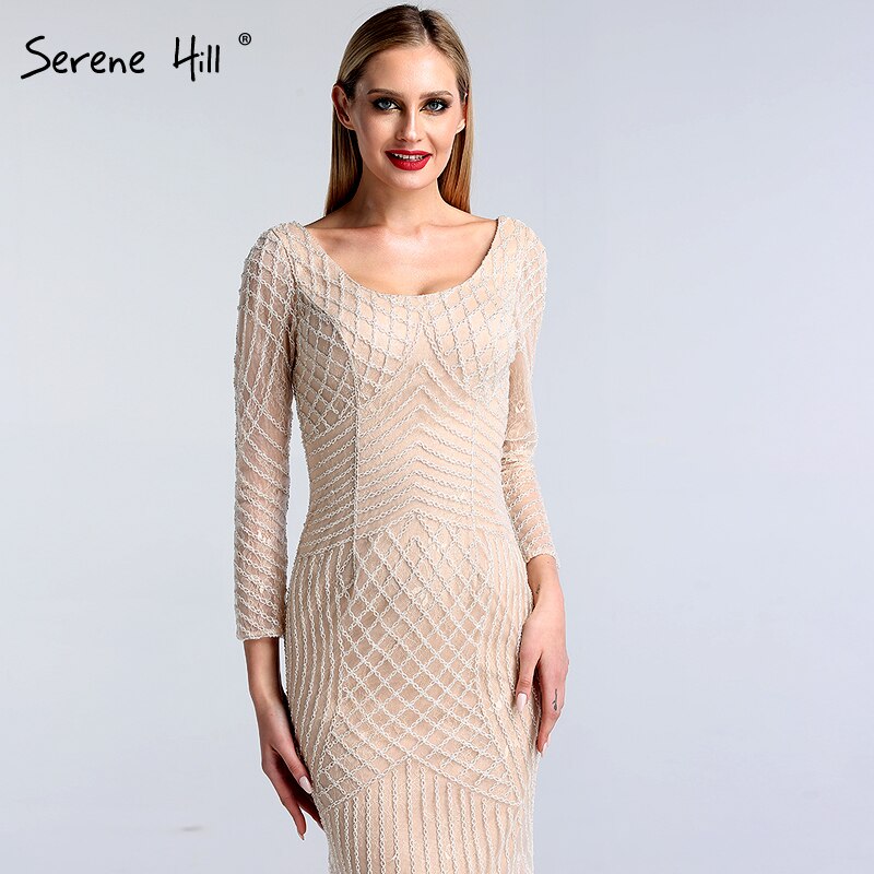 En oferta, sin devolución ni reembolso. Venta Dubai, vestidos de noche blancos nude de lujo de manga larga, último diseño 2025, vestido formal de sirena con pedrería LA60958. 