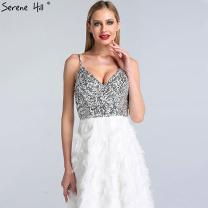 En oferta, sin devolución ni reembolso. Oferta: Dubai, blanco, escote en V, espalda descubierta, lujoso vestido de noche 2025, sin mangas, con lentejuelas, vestido formal escalonado LA60955 