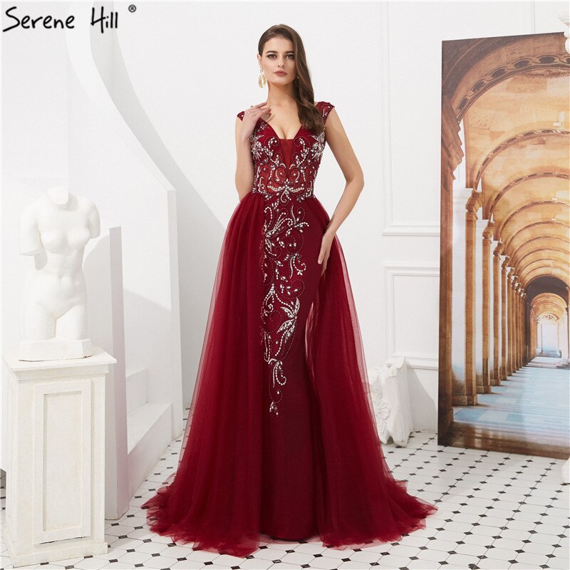 Vestidos de noche estilo sirena sexys con espalda descubierta y cuentas de cristal color vino tinto de Dubái 2025 LA60805 