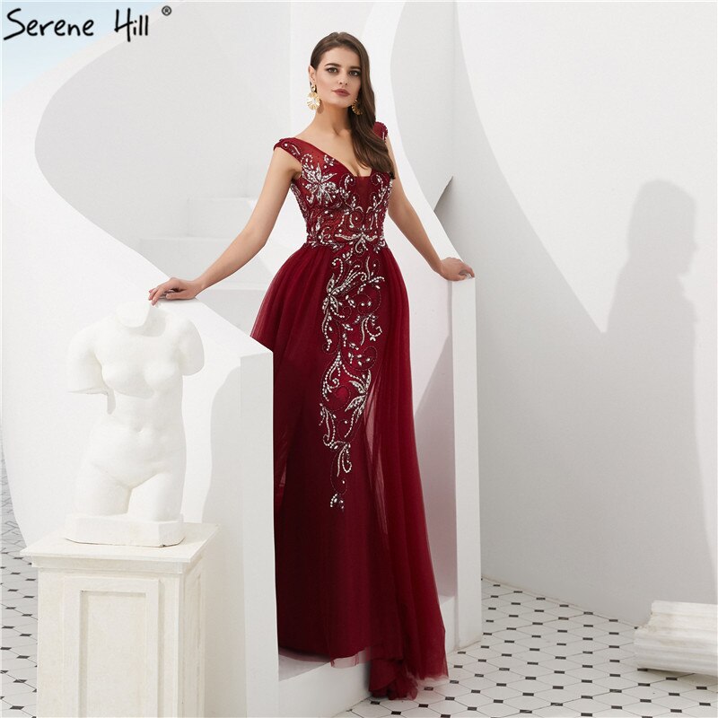 Vestidos de noche estilo sirena sexys con espalda descubierta y cuentas de cristal color vino tinto de Dubái 2025 LA60805 