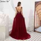 Vestidos de noche estilo sirena sexys con espalda descubierta y cuentas de cristal color vino tinto de Dubái 2025 LA60805 