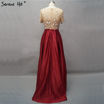Vestidos de noche de manga corta color vino tinto de Dubái, en oferta, sin devoluciones ni reembolsos, diseño 2025, vestidos de noche playeros de satén con lentejuelas y cuentas LA60740 