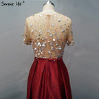 On Sale No Return No Refund Dubai Wine Red Short Sleeves Evening Dresses Design 2025 Satin Sequined Beading Beach Evening Gowns LA60740