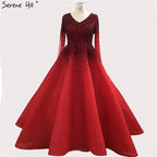 Vestidos de noche sexys de alta gama con escote en V en color vino tinto de Dubái 2025, vestidos de noche de lujo con cristales y manga larga, diseño LA70272 
