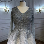 Vestidos de noche sexys de alta gama con escote en V en color vino tinto de Dubái 2025, vestidos de noche de lujo con cristales y manga larga, diseño LA70272 