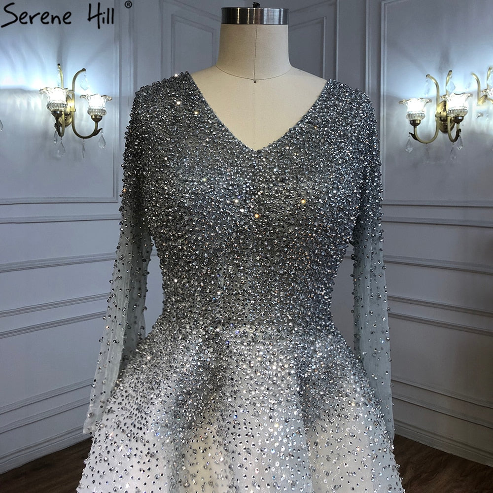 Vestidos de noche sexys de alta gama con escote en V en color vino tinto de Dubái 2025, vestidos de noche de lujo con cristales y manga larga, diseño LA70272 