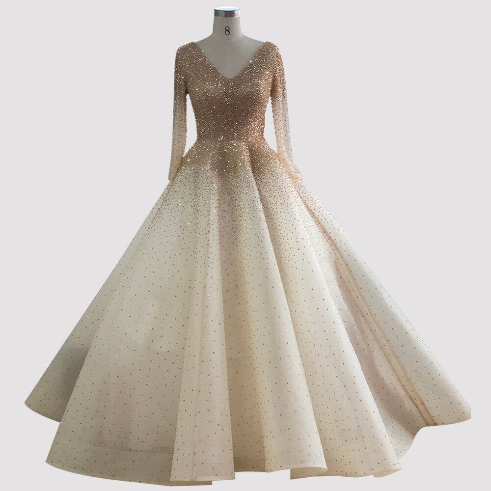 Vestidos de noche sexys de alta gama con escote en V en color vino tinto de Dubái 2025, vestidos de noche de lujo con cristales y manga larga, diseño LA70272 