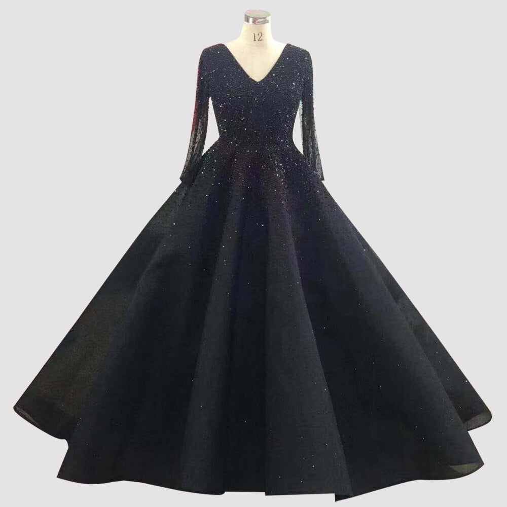 Vestidos de noche sexys de alta gama con escote en V en color vino tinto de Dubái 2025, vestidos de noche de lujo con cristales y manga larga, diseño LA70272 