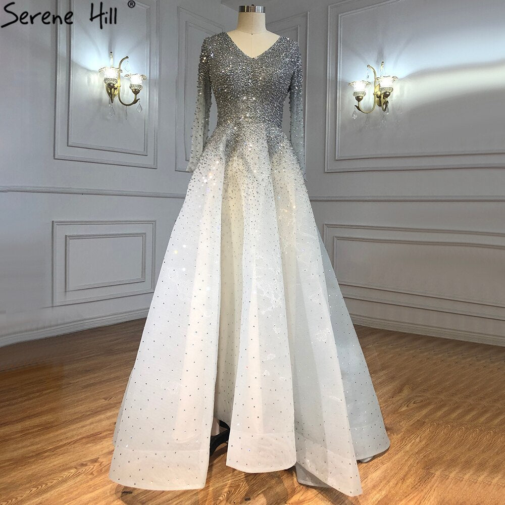 Vestidos de noche sexys de alta gama con escote en V en color vino tinto de Dubái 2025, vestidos de noche de lujo con cristales y manga larga, diseño LA70272 