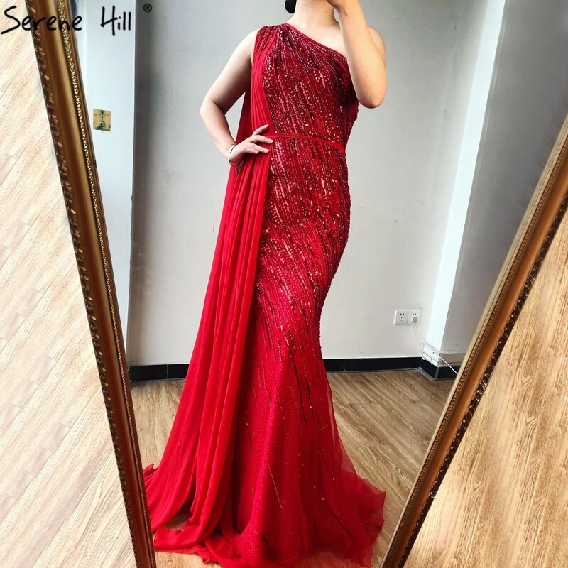 Vestido de noche de lujo verde de Dubái, de un solo hombro, con sirena, cuentas y brillo, vestido formal 2025 LA70515 