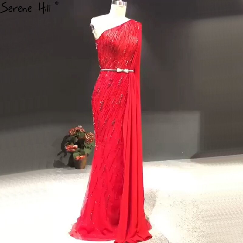 Vestido de noche de lujo verde de Dubái, de un solo hombro, con sirena, cuentas y brillo, vestido formal 2025 LA70515 