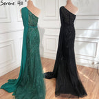Vestido de noche de lujo verde de Dubái, de un solo hombro, con sirena, cuentas y brillo, vestido formal 2025 LA70515 