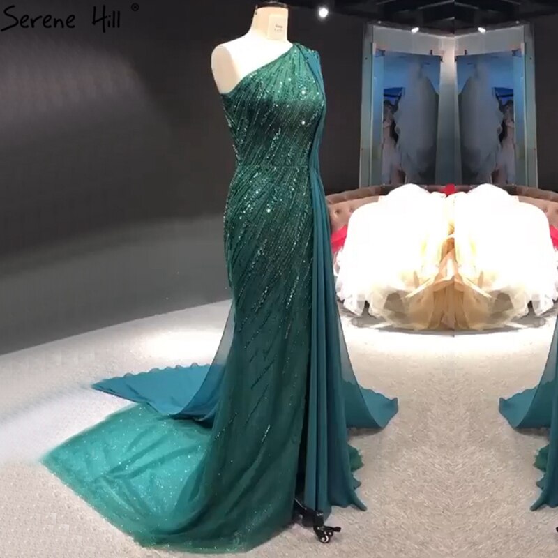 Vestido de noche de lujo verde de Dubái, de un solo hombro, con sirena, cuentas y brillo, vestido formal 2025 LA70515 