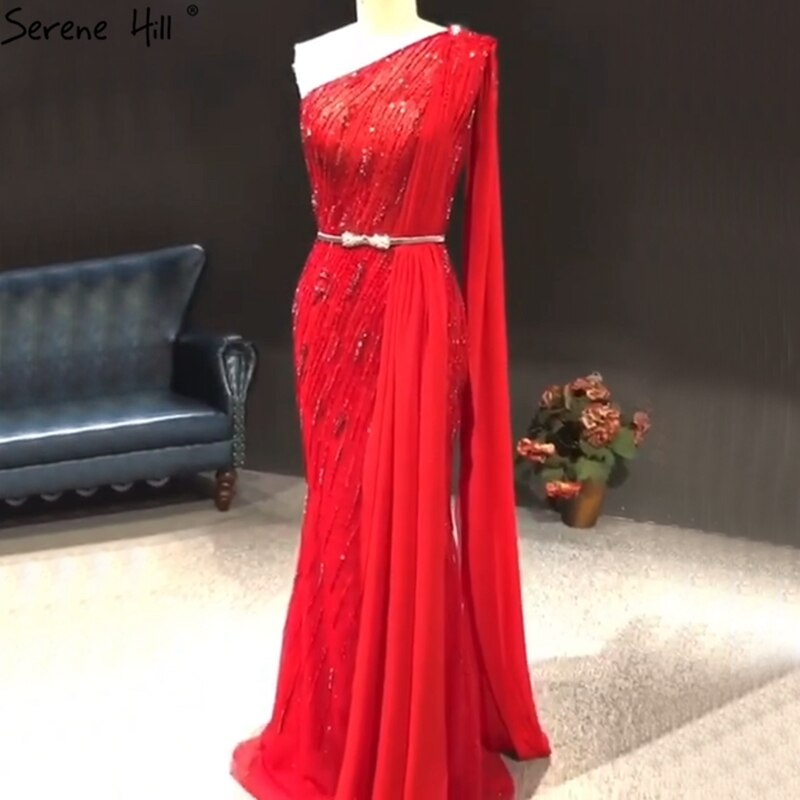 Vestido de noche de lujo verde de Dubái, de un solo hombro, con sirena, cuentas y brillo, vestido formal 2025 LA70515 