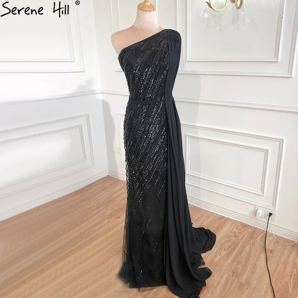 Vestido de noche de lujo verde de Dubái, de un solo hombro, con sirena, cuentas y brillo, vestido formal 2025 LA70515 