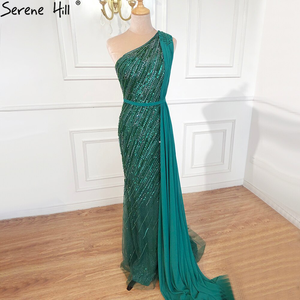 Vestido de noche de lujo verde de Dubái, de un solo hombro, con sirena, cuentas y brillo, vestido formal 2025 LA70515 