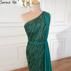 Vestido de noche de lujo verde de Dubái, de un solo hombro, con sirena, cuentas y brillo, vestido formal 2025 LA70515 