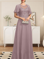 Vestido de gasa con encaje y lentejuelas para madre de la novia, corte A, escote ilusión, largo hasta el suelo