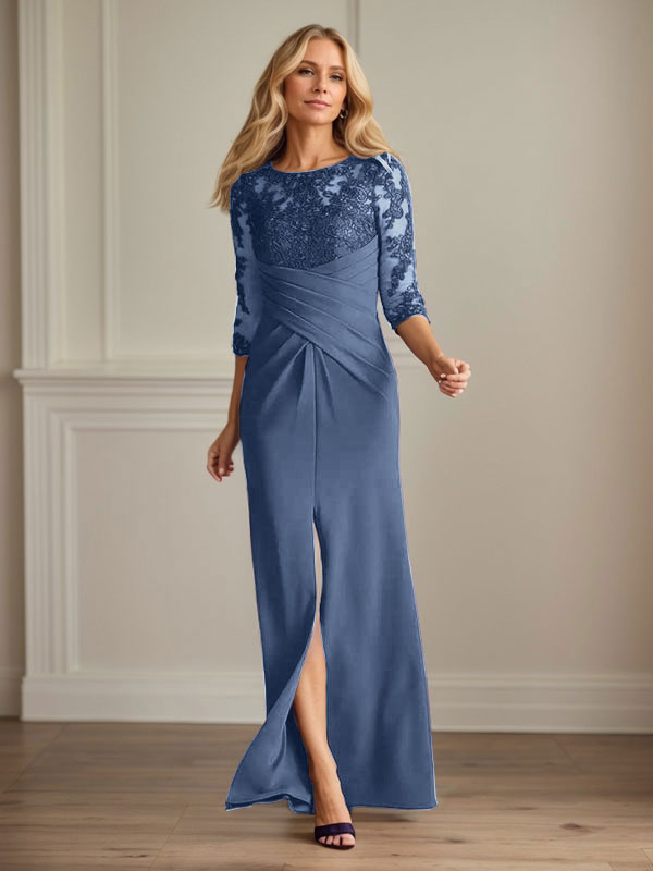 Vestido para madre de la novia de crepé elástico con encaje color ciruela