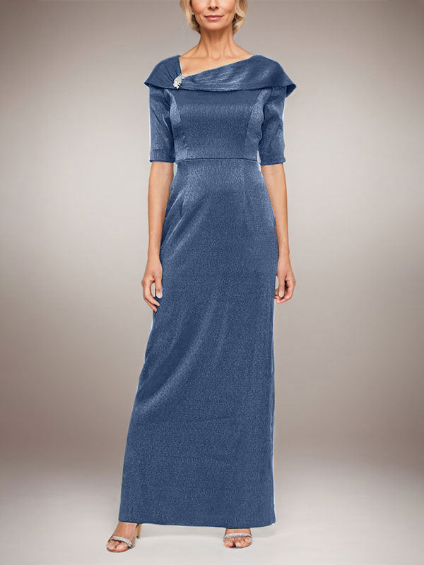 Vestido largo de columna brillante con puños doblados, escote en L y mangas hasta el codo