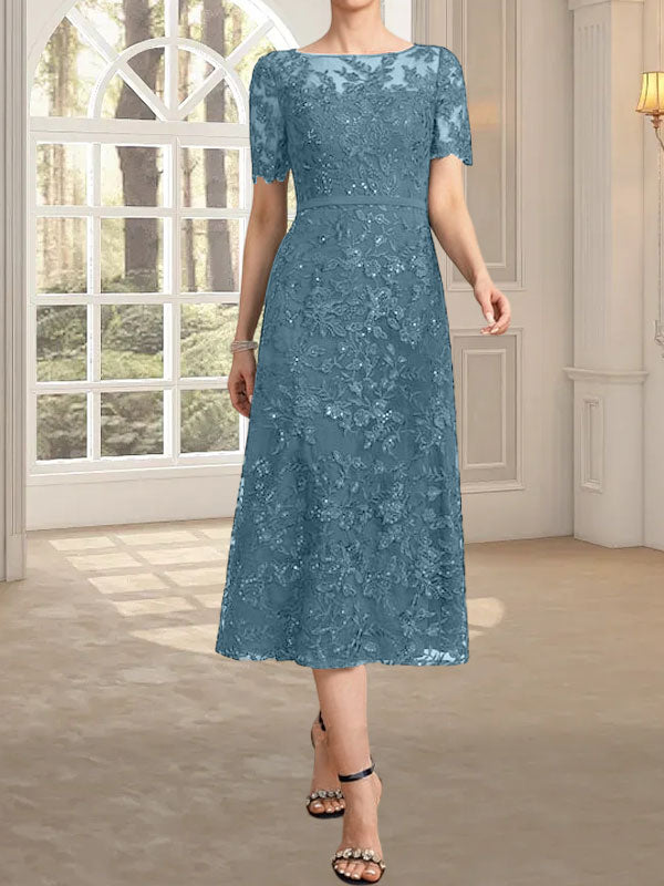 Vestido de madre de la novia de encaje con lentejuelas, corte A, escote ilusión y largo hasta la rodilla