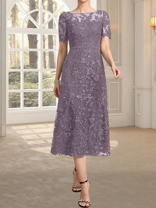 Vestido de madre de la novia de encaje con lentejuelas, corte A, escote ilusión y largo hasta la rodilla