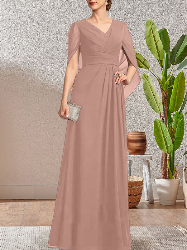 Vestido largo azul marino oscuro con escote en V y corte A para madre de la novia